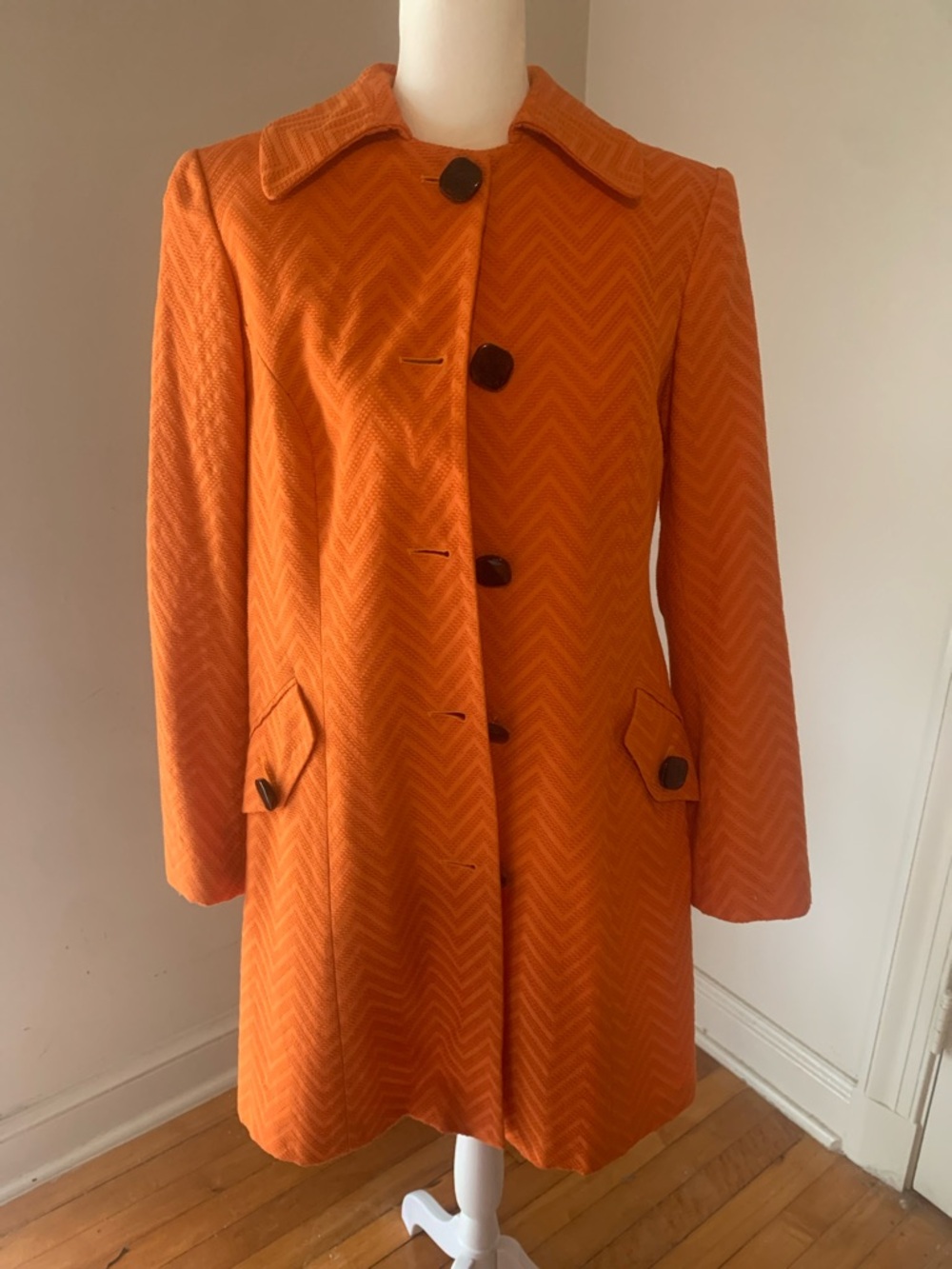 Milly Orange Chevron-Pattern Button Front Trench Coat